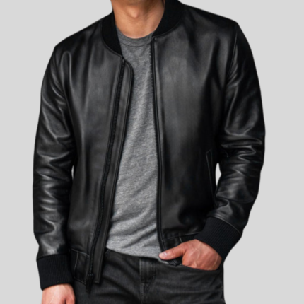 Black leather bomber jacket with a sleek, stylish design featuring ribbed cuffs and collar.