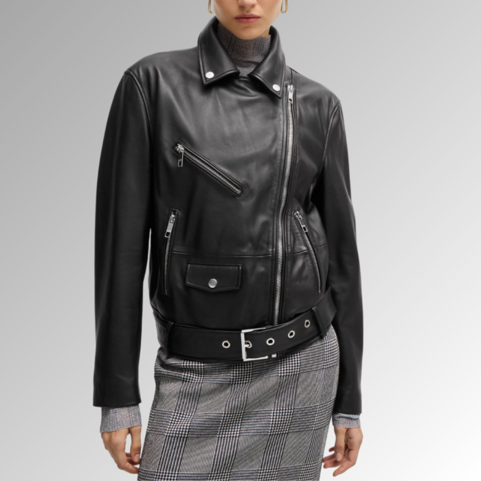 "Black Leather Jacket with Belt – Stylish and Sleek Design, Featuring a Belted Waist for a Customized Fit and a Timeless Look."