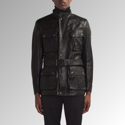 "Close-up of a stylish leather jacket with a smooth texture, featuring a zipper closure, sleek design, and subtle stitching details, offering a classic and modern look."